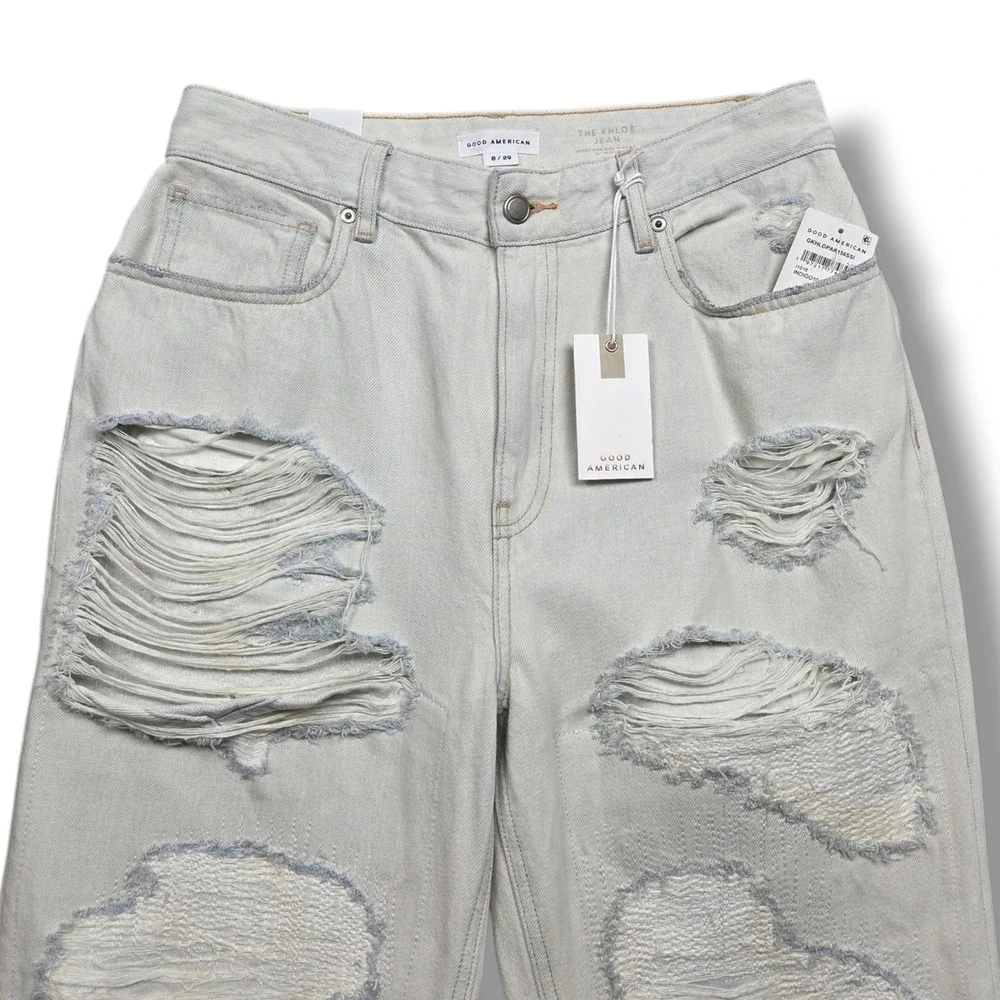 Good American Khloe Jeans Womens 8 Super High Rise Straight Distressed Ripped